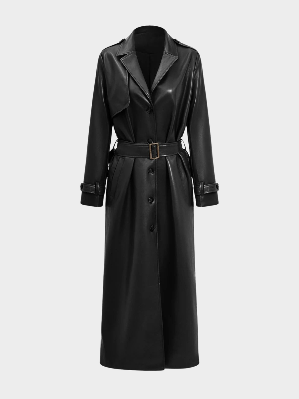 Women’s Faux Leather Trench Coat with Belted Design