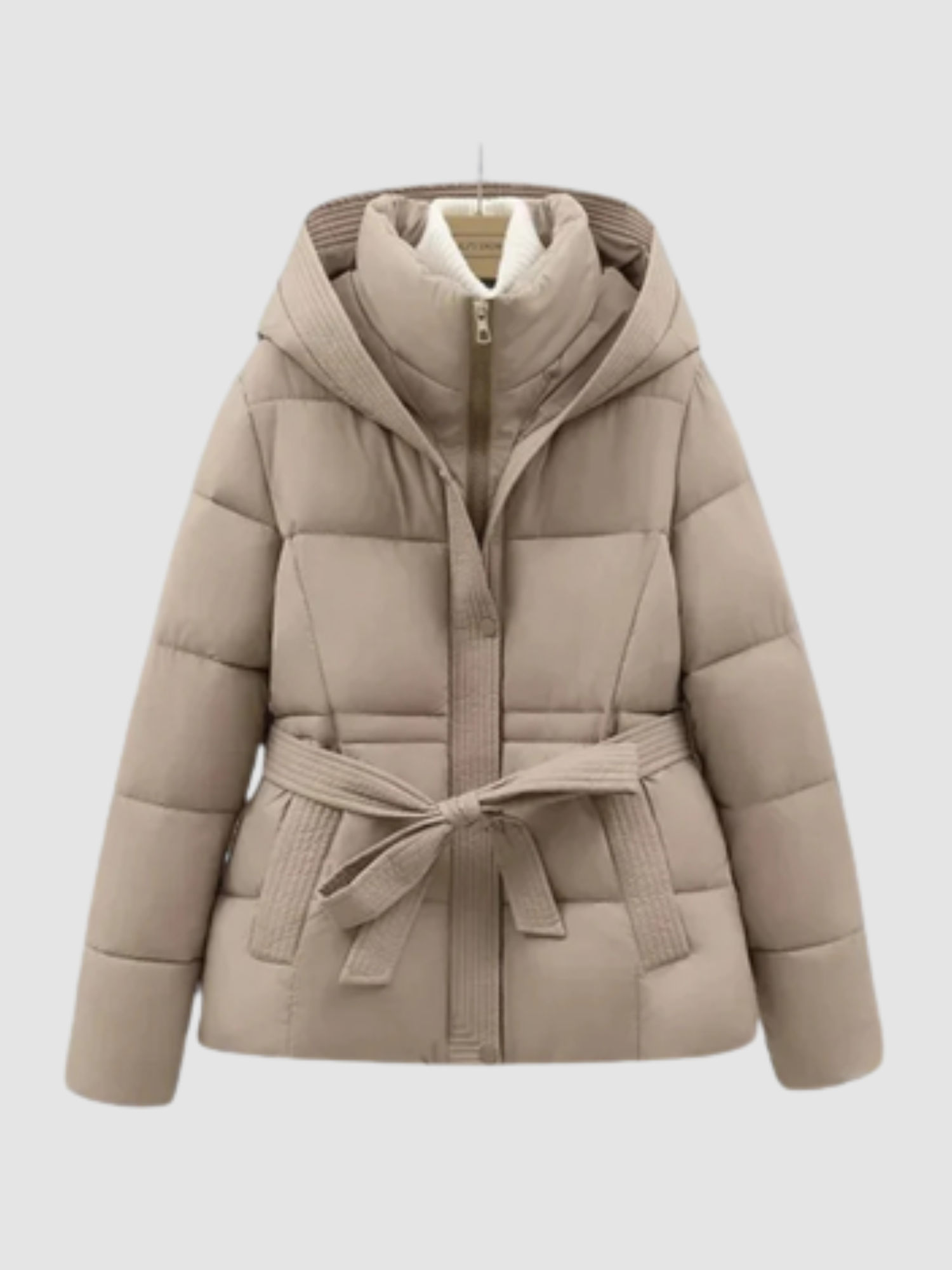 Women’s Hooded Belted Puffer Jacket – Quilted Waist-Tie Coat
